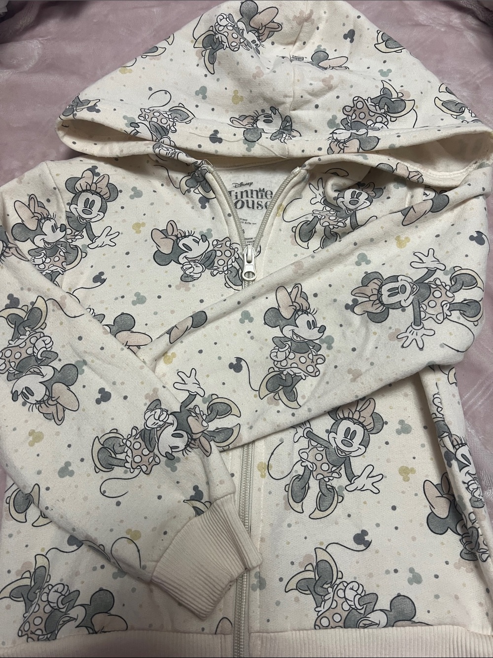 Disney Minnie Mouse Cream and Gray Zip Hoodie with Pastel Accents